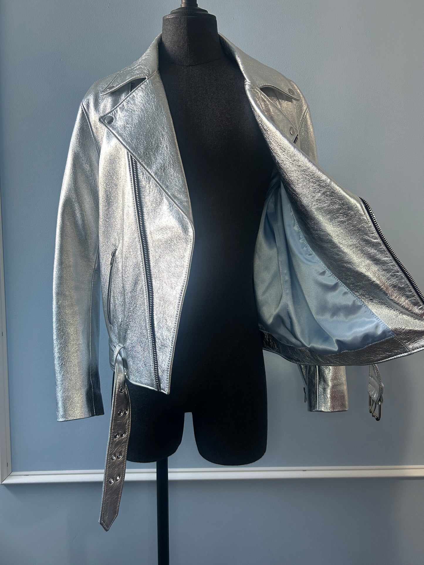 Silver Metallic Leather Motorcycle Jacket