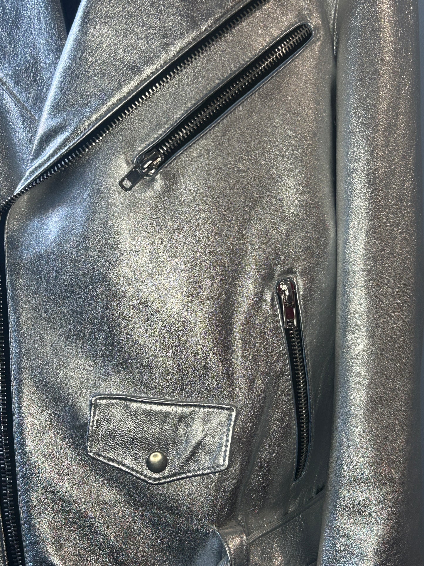 Silver Metallic Leather Motorcycle Jacket