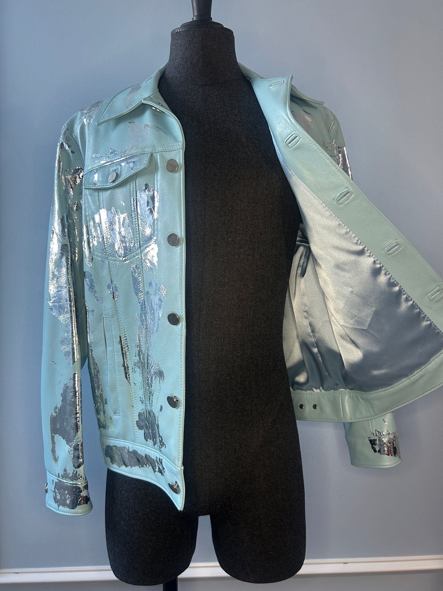 Silver Foil Light Blue Leather Jacket