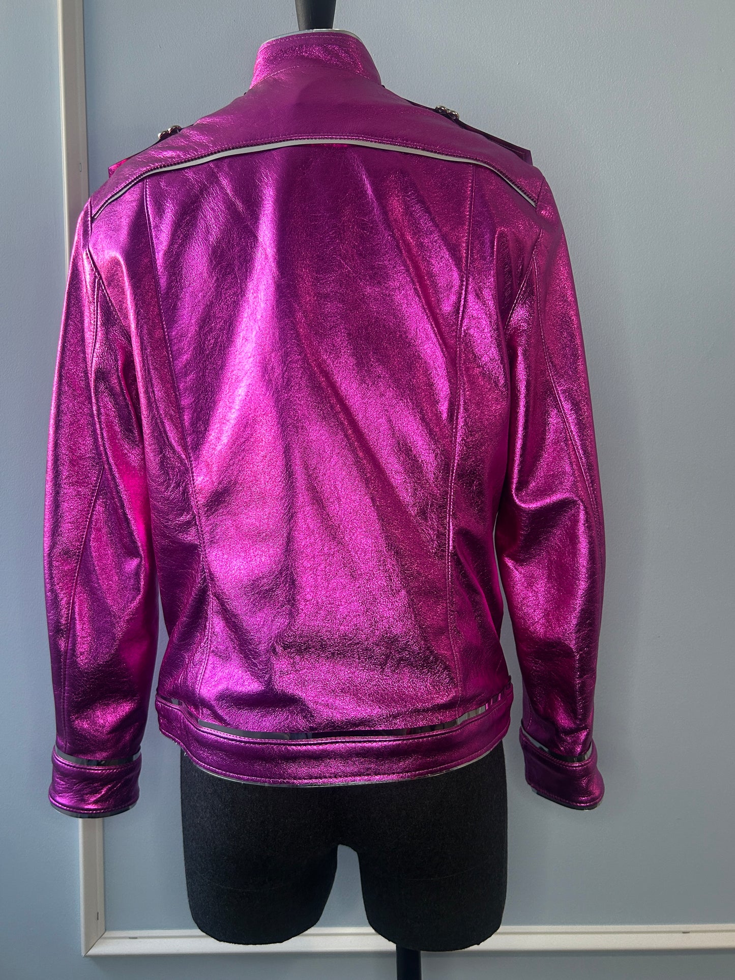 Pink Metallic Leather Buckle Jacket