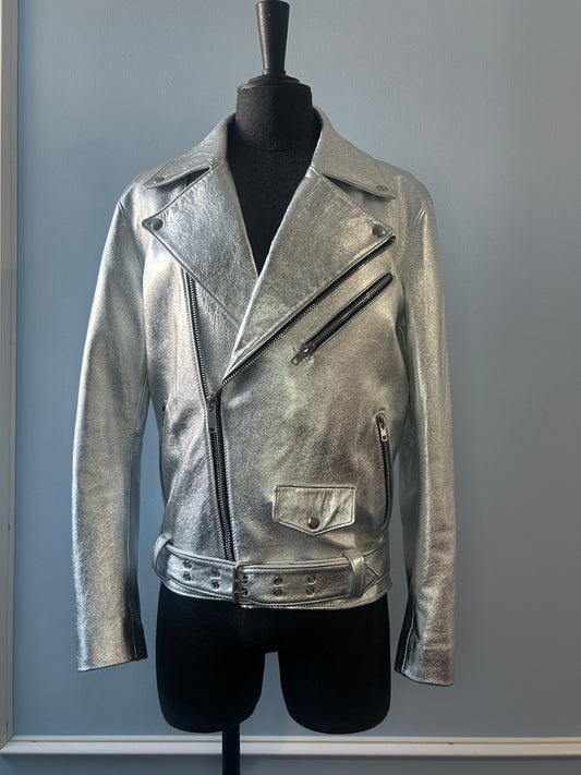 Silver Metallic Leather Motorcycle Jacket