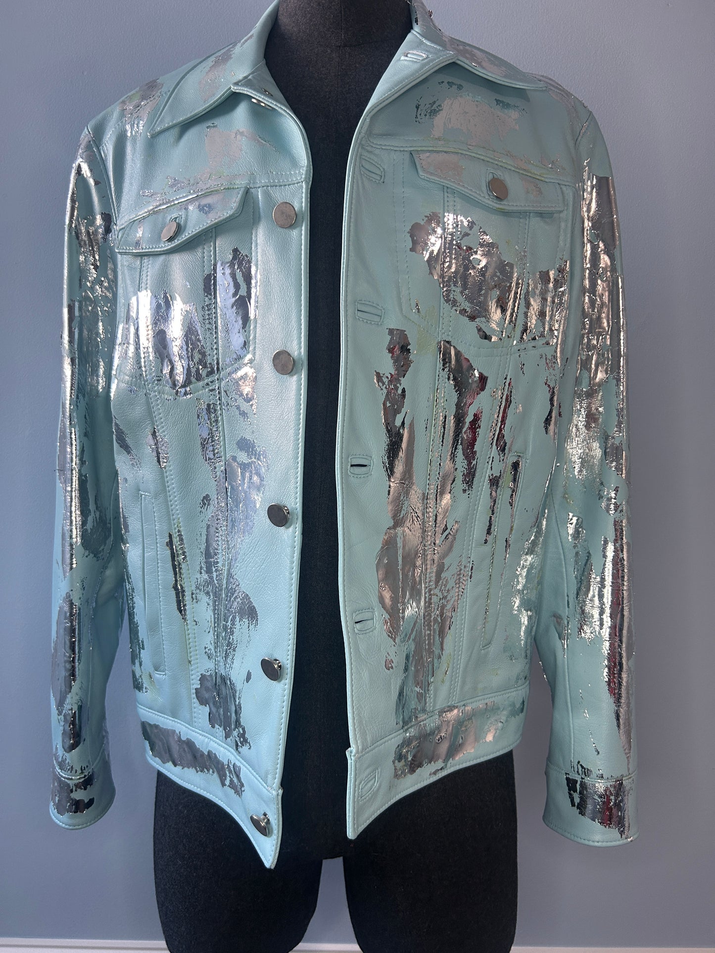 Silver Foil Light Blue Leather Jacket