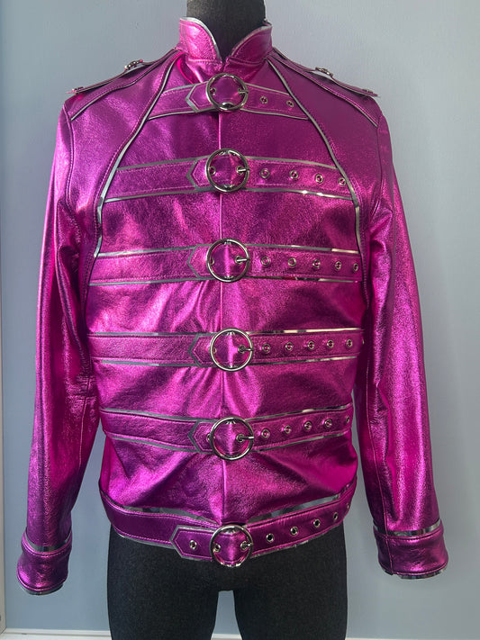 Pink Metallic Leather Buckle Jacket