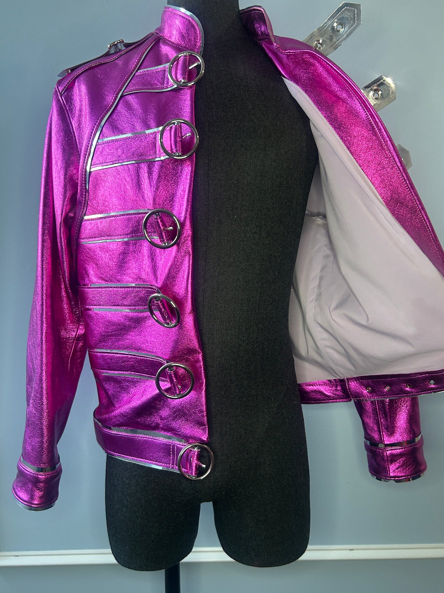 Pink Metallic Leather Buckle Jacket