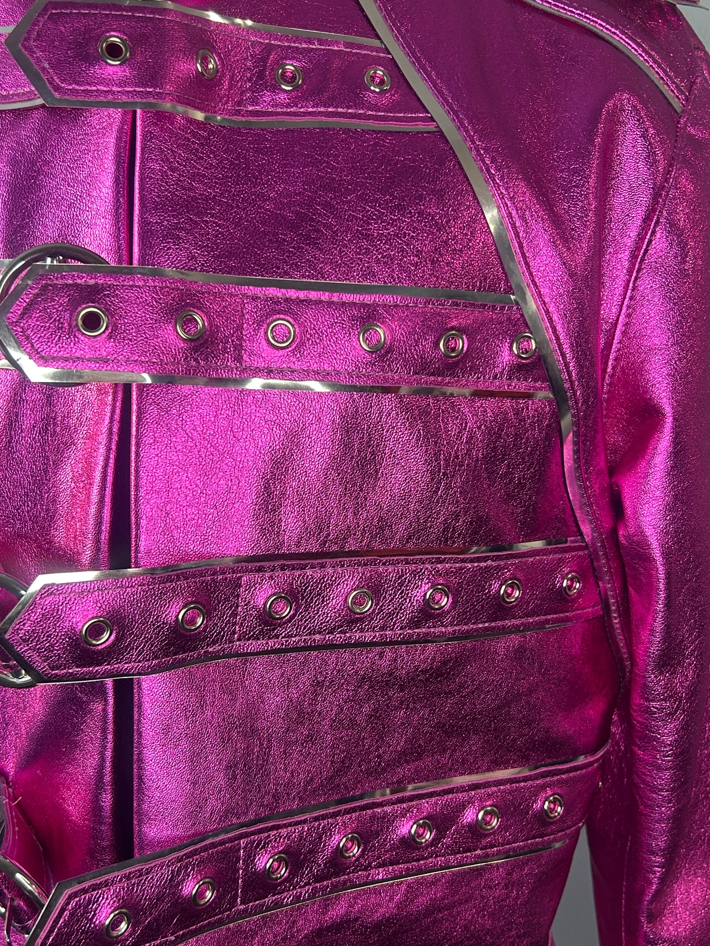 Pink Metallic Leather Buckle Jacket